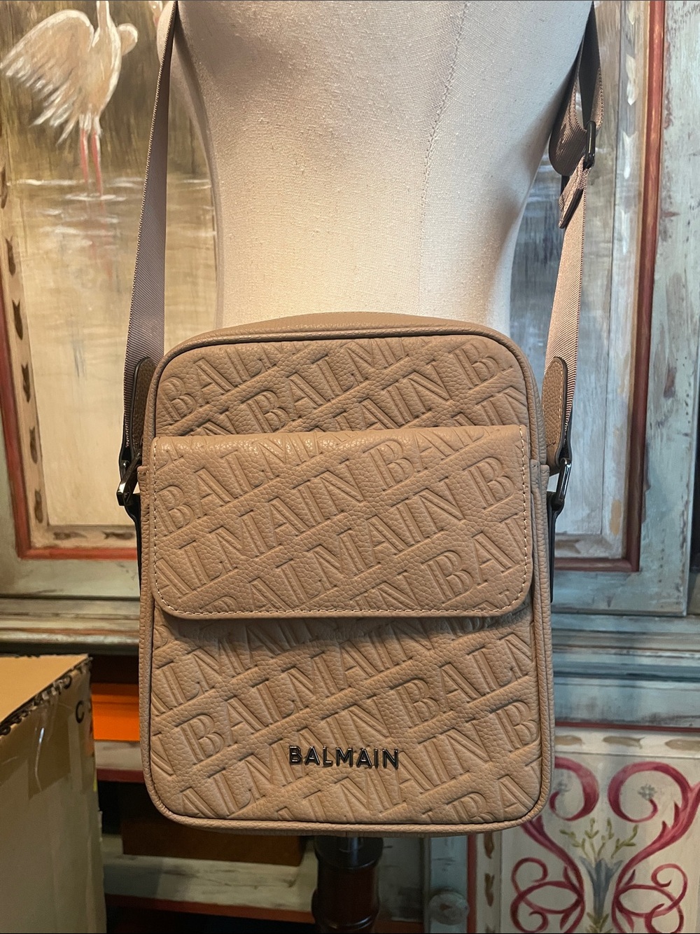 Balmain Taupe Embossed Logo Messenger Bag
